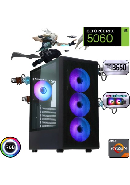 Ryzen 5 7500F 64GB Ddr5 1tb SSD Rtx 5060 B650 Anakart 240MM Sıvı Soğutma Masaüstü Bilgisayar