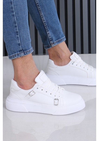 Beyaz Madrid Erkek Casual Spor Ayakkabı Çift Tokalı Ortopedik Tabanlı