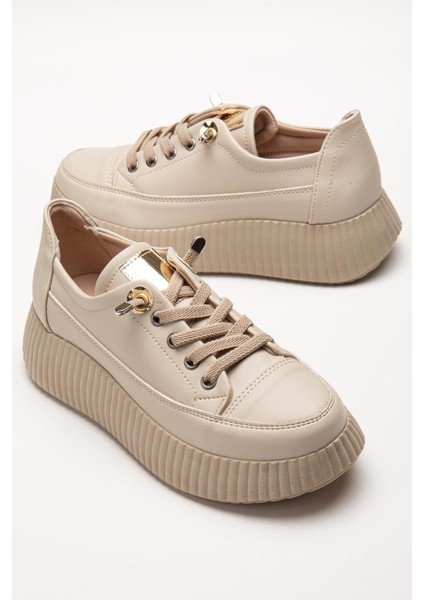 Kadın Casual Spor Ayakkabı Bej Elastik Bağcıklı Kalın Taban