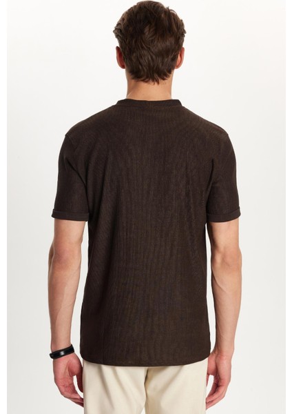 Erkek Slim Fit Dar Kesim Pamuklu Ribanalı Baskılı Kahverengi Bisiklet Yaka Tişört indirimleri