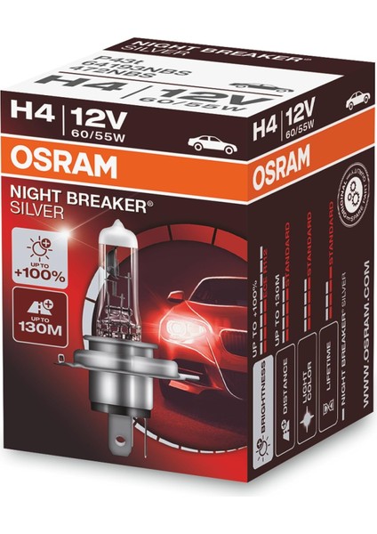 Ampul Night Breaker Laser H4 12V 60/55W%100'YE Kadar Fazla Işık 130M'YE Kadar Fazla Görüş Açısı 64193NBS