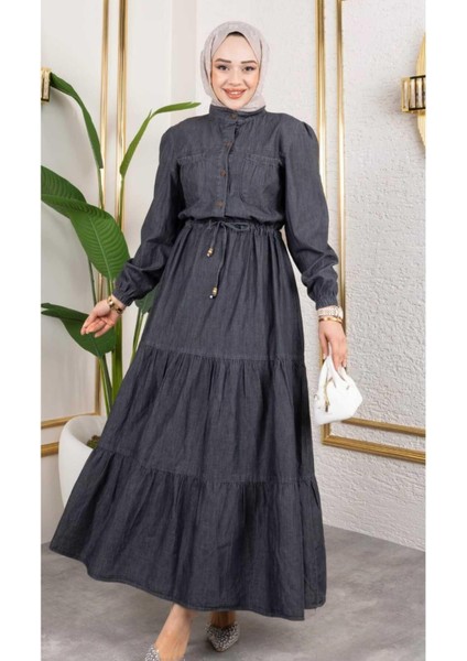 Kadın Düğmeli Cep Detaylı Beli Bağcıklı Kot Elbise