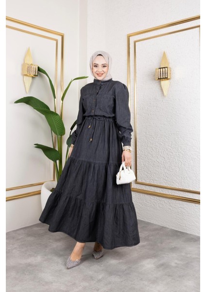 Kadın Düğmeli Cep Detaylı Beli Bağcıklı Kot Elbise fiyatları