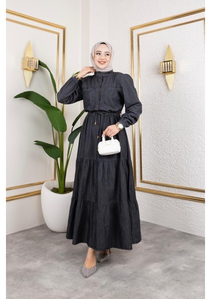 Kadın Düğmeli Cep Detaylı Beli Bağcıklı Kot Elbise modelleri