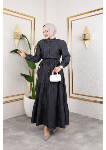 Kadın Düğmeli Cep Detaylı Beli Bağcıklı Kot Elbise fırsatları