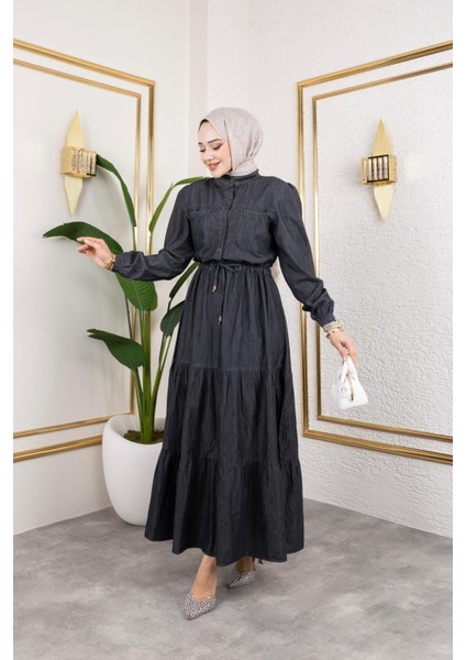 Kadın Düğmeli Cep Detaylı Beli Bağcıklı Kot Elbise indirimleri