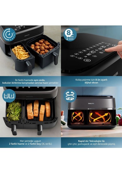 Çift Hazneli Airfryer 3000 Serisi 9l Geniş 2 Hazneli Airfryer %90 Daha Az Yağ