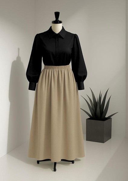 Kadın Beli Lastikli Uzun Poplin Bej Etek