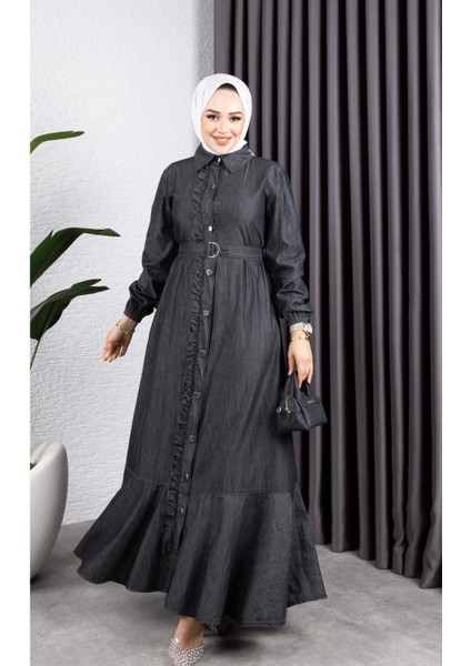 Kadın Fırfır Detaylı Kuşaklı Kot Elbise