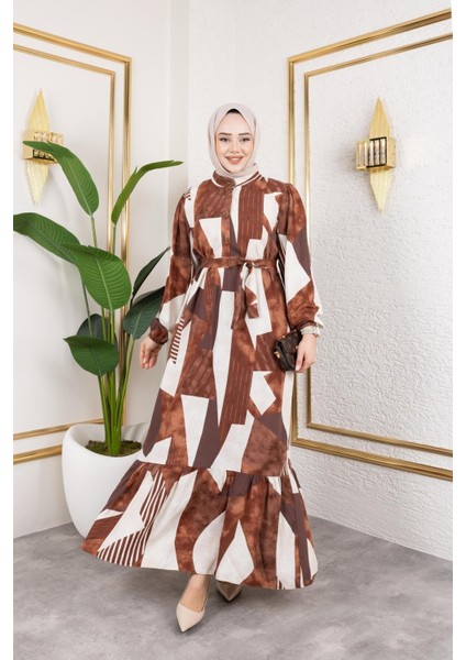 Kadın Kuşaklı Viskon Tesettür Elbise