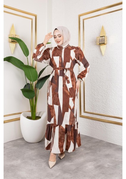 Kadın Kuşaklı Viskon Tesettür Elbise modelleri