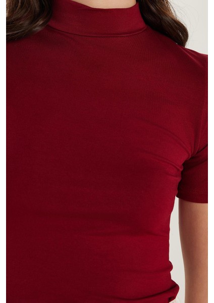 Kadın Standart Fit Kısa Kollu Yarım Balıkçı Yaka Bordo Bluz modelleri