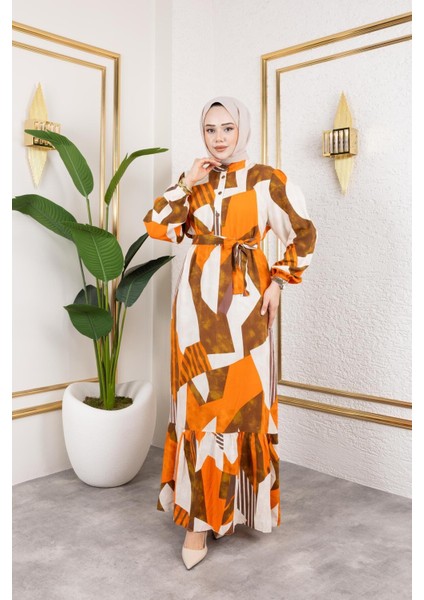 Kadın Kuşaklı Viskon Tesettür Elbise