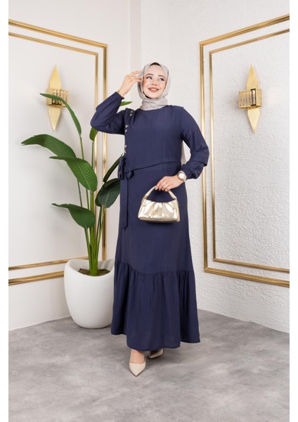 Kadın Bağlama Detaylı Çilek Kumaş Lacivert Elbise fiyatları
