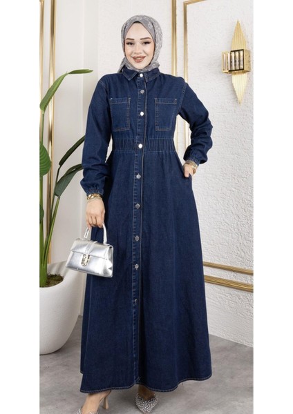 Kadın Belden Lastikli Cep Detaylı Kot Elbise