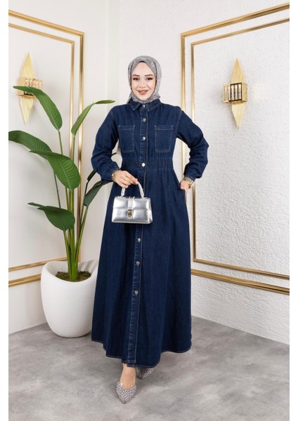 Kadın Belden Lastikli Cep Detaylı Kot Elbise modelleri