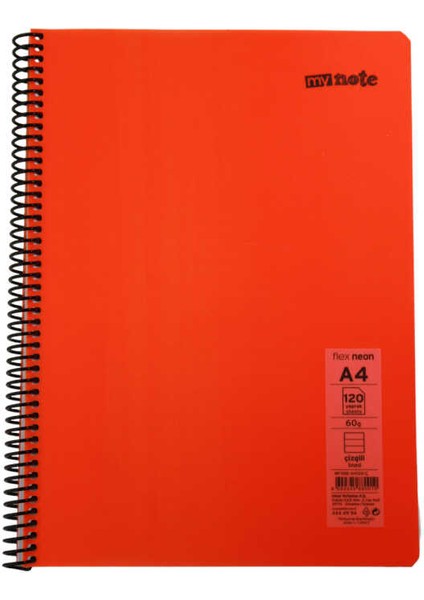 Flex A4 120 Yaprak Çizgili Spiralli Plastik Neon Kapak Defter Turuncu