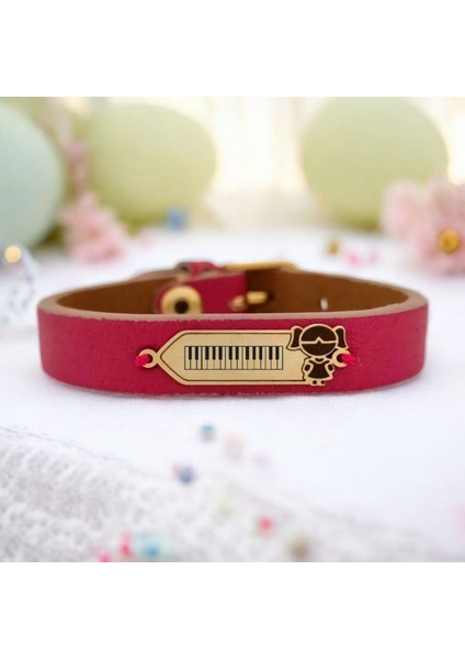 Piyano Temalı Kız Çocuk Motifli 14 Ayar Altın Plakalı Pembe Derili Hediye Bileklik-454SEMBOL fiyatları