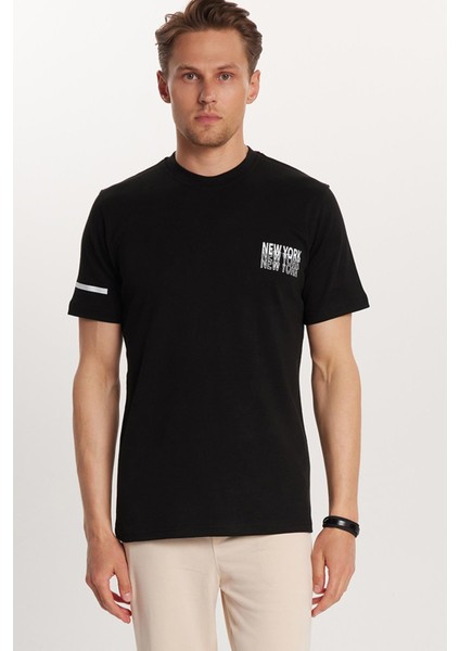 Erkek Slim Fit Dar Kesim Pamuklu Düz Basic Baskılı Bisiklet Yaka Siyah Tişört