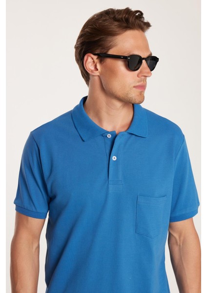 Erkek Regular Fit Klasik Kesim %100 Pamuk Düz Pike Indigo Polo Yaka Tişört