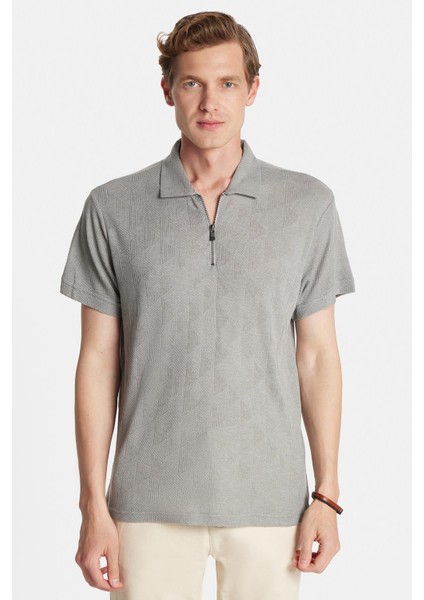 Erkek Slim Fit Dar Kesim Viskon Fermuarlı Polo yaka Gri Tişört