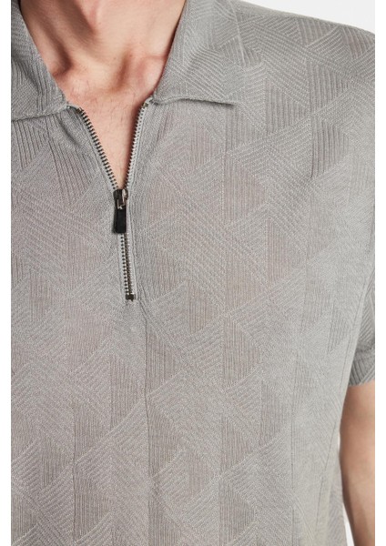 Erkek Slim Fit Dar Kesim Viskon Fermuarlı Polo yaka Gri Tişört modelleri