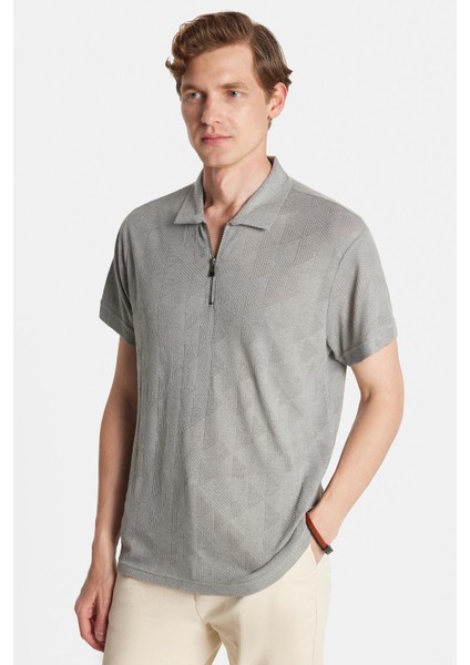 Erkek Slim Fit Dar Kesim Viskon Fermuarlı Polo yaka Gri Tişört fırsatları