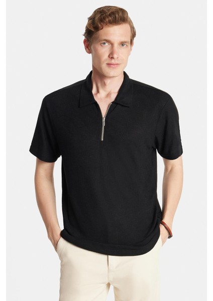 Erkek Slim Fit Dar Kesim Viskon Fermuarlı Polo yaka Siyah tişört