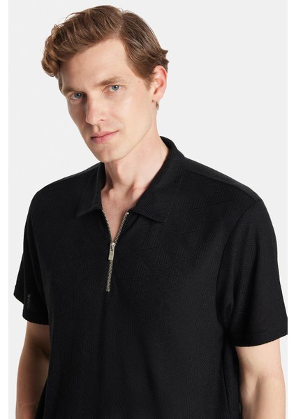 Erkek Slim Fit Dar Kesim Viskon Fermuarlı Polo yaka Siyah tişört fiyatları