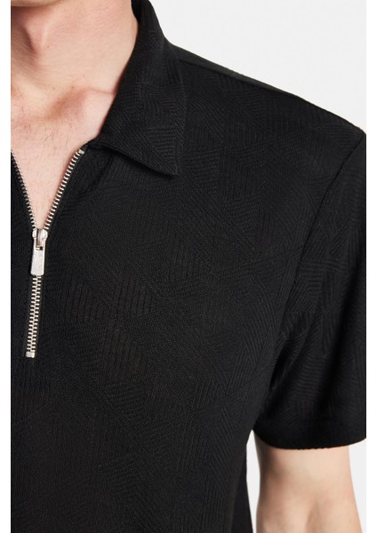 Erkek Slim Fit Dar Kesim Viskon Fermuarlı Polo yaka Siyah tişört modelleri