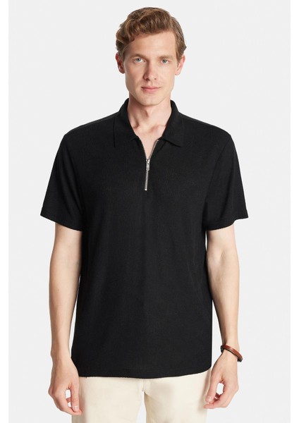 Erkek Slim Fit Dar Kesim Viskon Fermuarlı Polo yaka Siyah tişört fırsatları