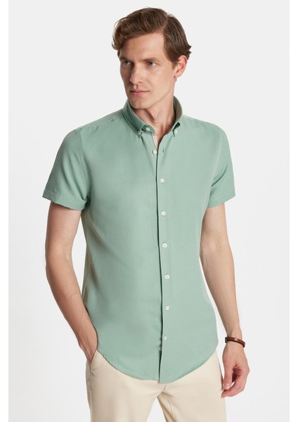 Erkek Slim Fit Dar Kesim Kısa Kollu Spor Yaka Oxford Doku Pamuklu Yeşil Gömlek
