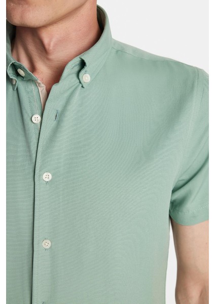Erkek Slim Fit Dar Kesim Kısa Kollu Spor Yaka Oxford Doku Pamuklu Yeşil Gömlek modelleri