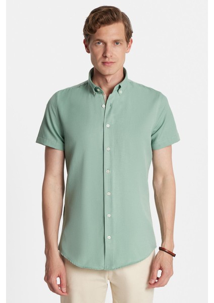 Erkek Slim Fit Dar Kesim Kısa Kollu Spor Yaka Oxford Doku Pamuklu Yeşil Gömlek fırsatları