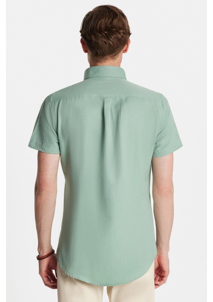Erkek Slim Fit Dar Kesim Kısa Kollu Spor Yaka Oxford Doku Pamuklu Yeşil Gömlek indirimleri