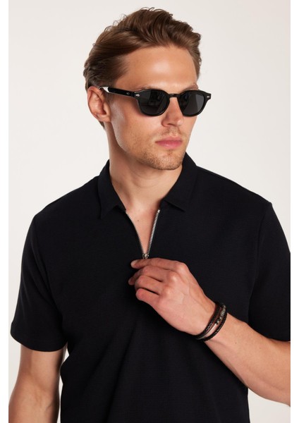 Erkek Slim Fit Dar Kesim %100 Pamuk Fermuarlı Siyah Polo Yaka Tişört