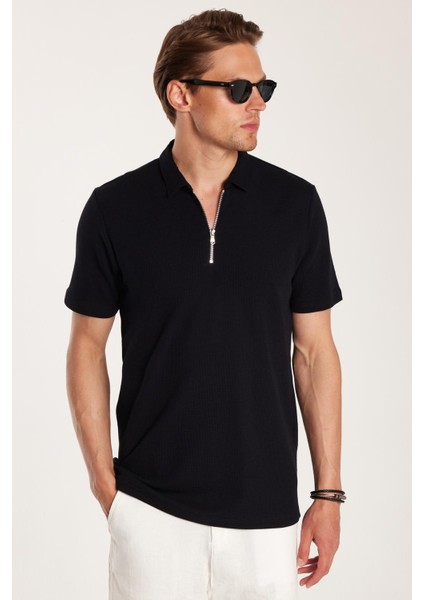 Erkek Slim Fit Dar Kesim %100 Pamuk Fermuarlı Siyah Polo Yaka Tişört fiyatları