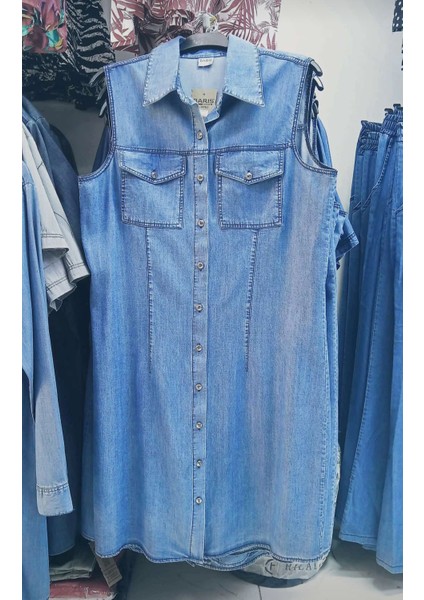 Büyük Beden Ince Denim Kot Kumaştan Boydan Düğmeli Gömlek Yaka Iki Cepli Kolsuz Jean Elbise fiyatları