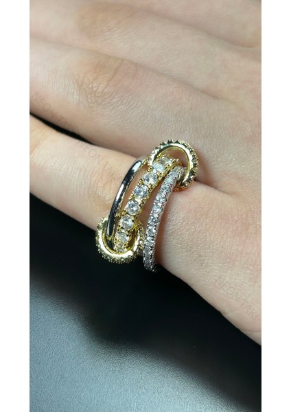 , Duyarlılık Etiketi ve Zirkon Taşlı, Üçlü Yüzük 174, Gümüş ve Altın Renk, Ölçü 18 mm