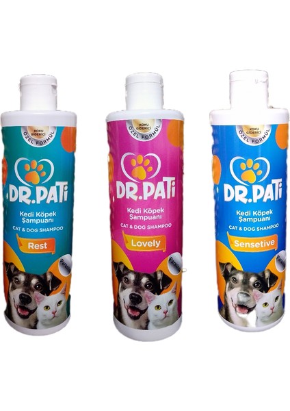 Dr.pati Kedi Şampuanı / Köpek Şampuanı 400 ml x 3 Adet ( Sensetive, Lovely, Rest) Yıkama ve Temizleme Şampuanı Avantajlı Paket