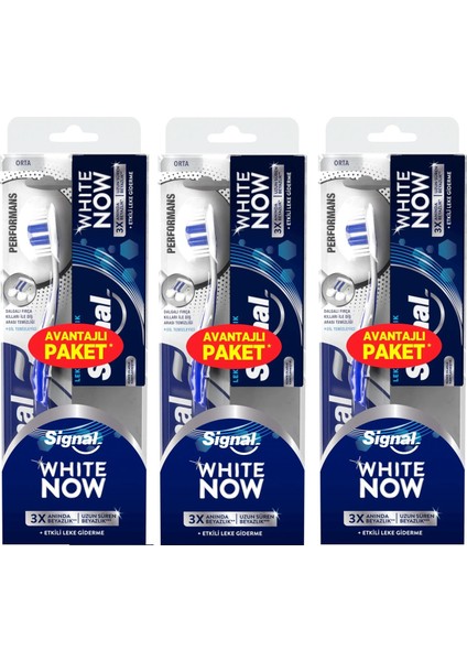 White Now Diş Macunu (Lekesiz Temizlik 50 Ml.) + Signal Performans Diş Fırçası (Orta) x 3 Set
