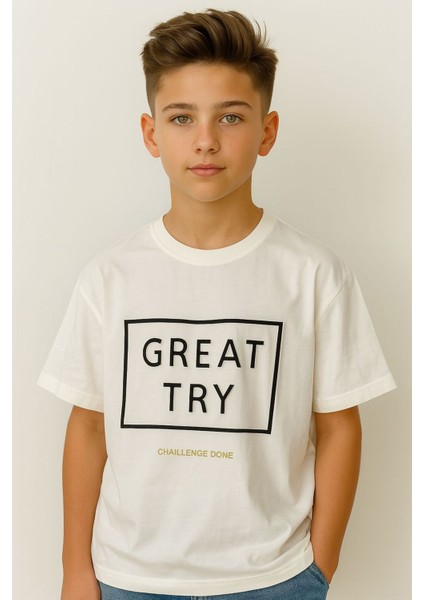 Great Try 3D Baskılı Erkek Çocuk tşört - Beyaz