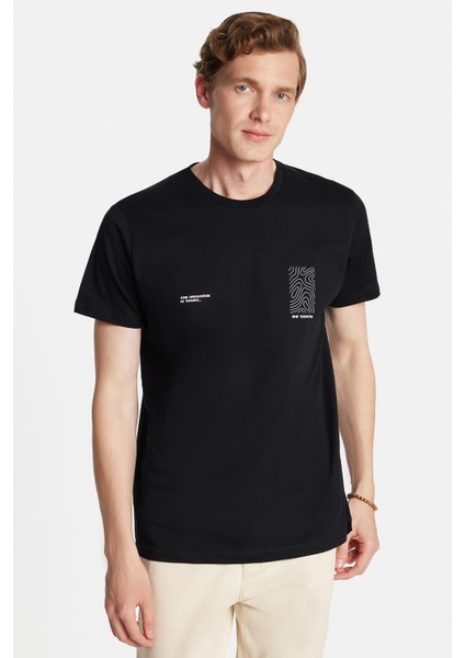 Erkek Slim Fit Dar Kesim %100 Pamuk Yumuşak Dokulu Baskılı Siyah Bisiklet Yaka Tişört