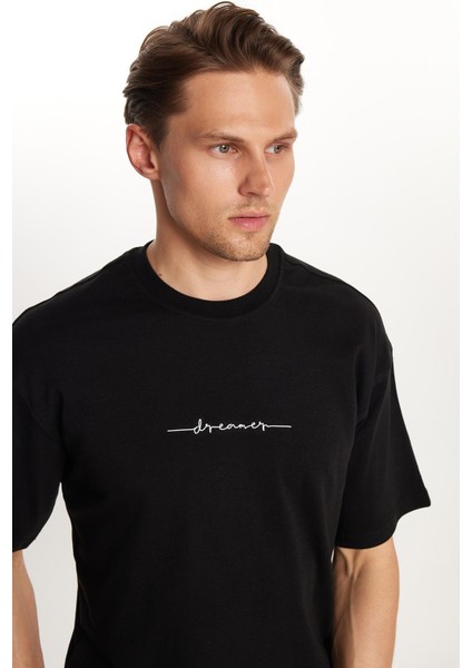 Erkek Slim Fit Dar Kesim Pamuklu Baskılı Siyah Bisiklet Yaka Tişört