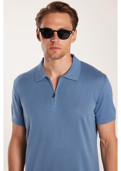 Erkek Slim Fit Dar Kesim Pamuklu Örme Triko Fermuarlı Indigo polo Yaka Tişört