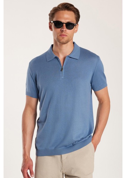 Erkek Slim Fit Dar Kesim Pamuklu Örme Triko Fermuarlı Indigo polo Yaka Tişört fiyatları