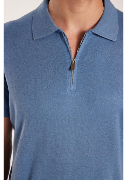 Erkek Slim Fit Dar Kesim Pamuklu Örme Triko Fermuarlı Indigo polo Yaka Tişört modelleri