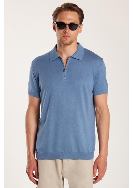 Erkek Slim Fit Dar Kesim Pamuklu Örme Triko Fermuarlı Indigo polo Yaka Tişört fırsatları