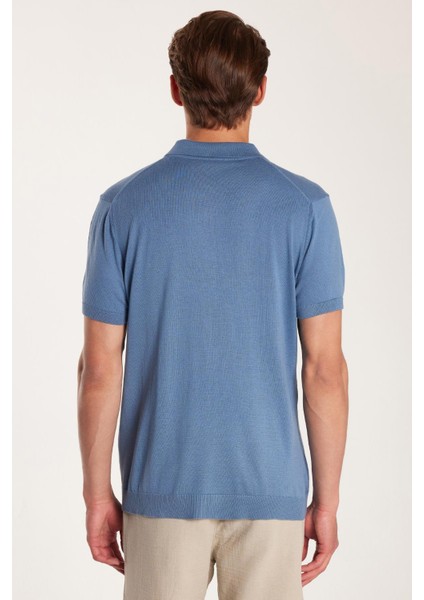 Erkek Slim Fit Dar Kesim Pamuklu Örme Triko Fermuarlı Indigo polo Yaka Tişört indirimleri