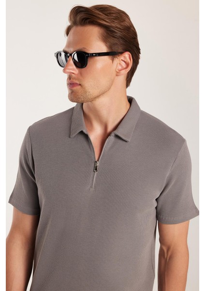 Erkek Slim Fit Dar Kesim %100 Pamuk Fermuarlı Gri Polo Yaka Tişört